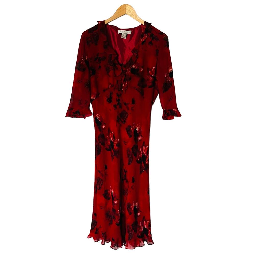 Vintage Philip DiCaprio Silk Floral  Short Sleeve Midi Dress. size 10 Red Black